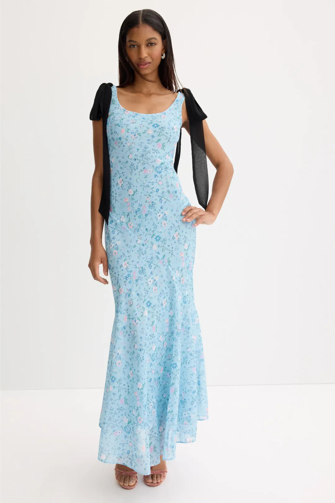 Romantic Light Blue Mermaid Scoop-Neck Sleeveless Bow-Strap Maxi Prom Dresses