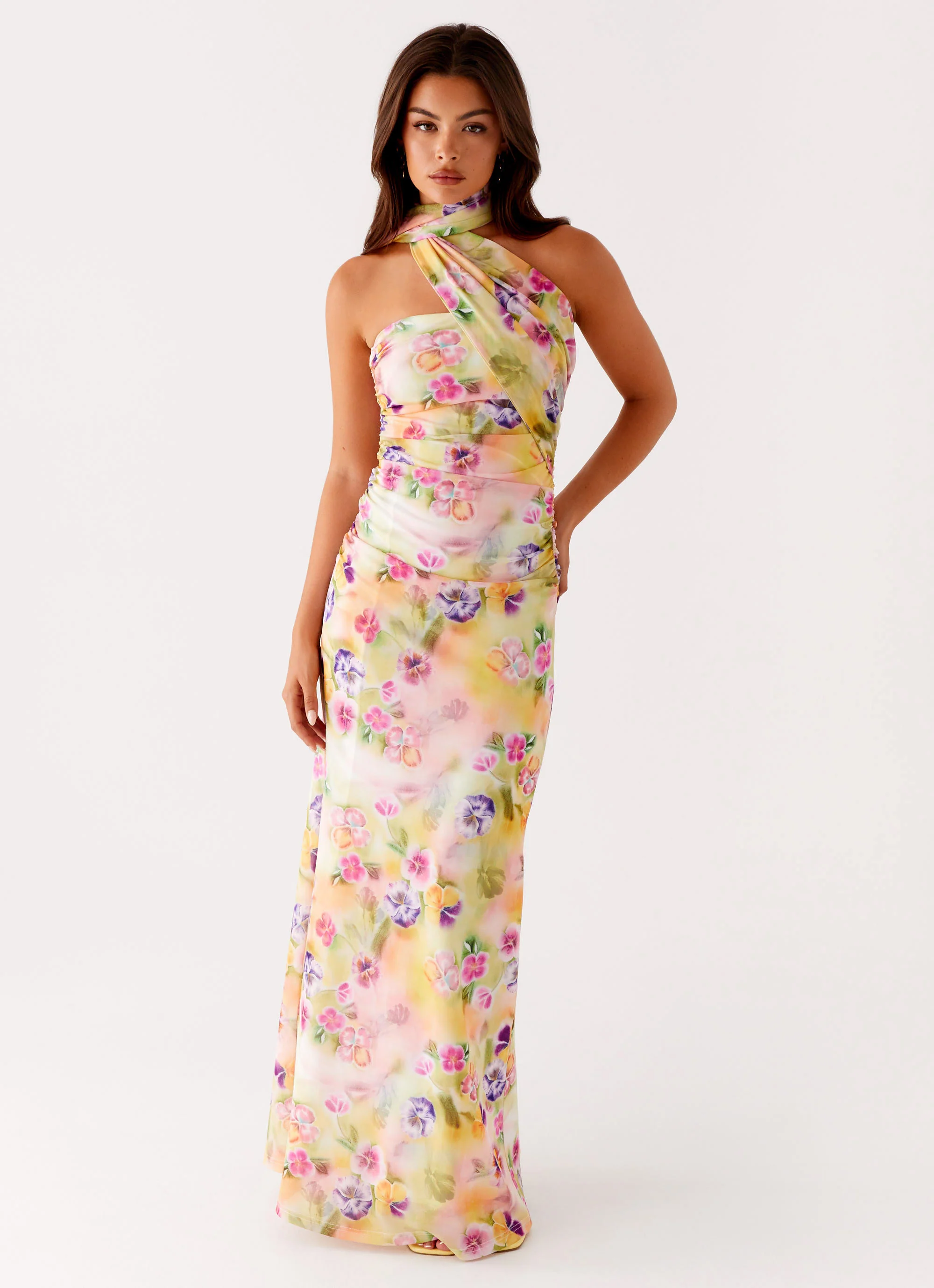 Dreamy Pansy Floral Print Sheath Strapless Asymmetrical Neck Floor Length Prom Dress