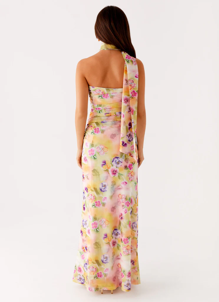 Dreamy Pansy Floral Print Sheath Strapless Asymmetrical Neck Floor Length Prom Dress
