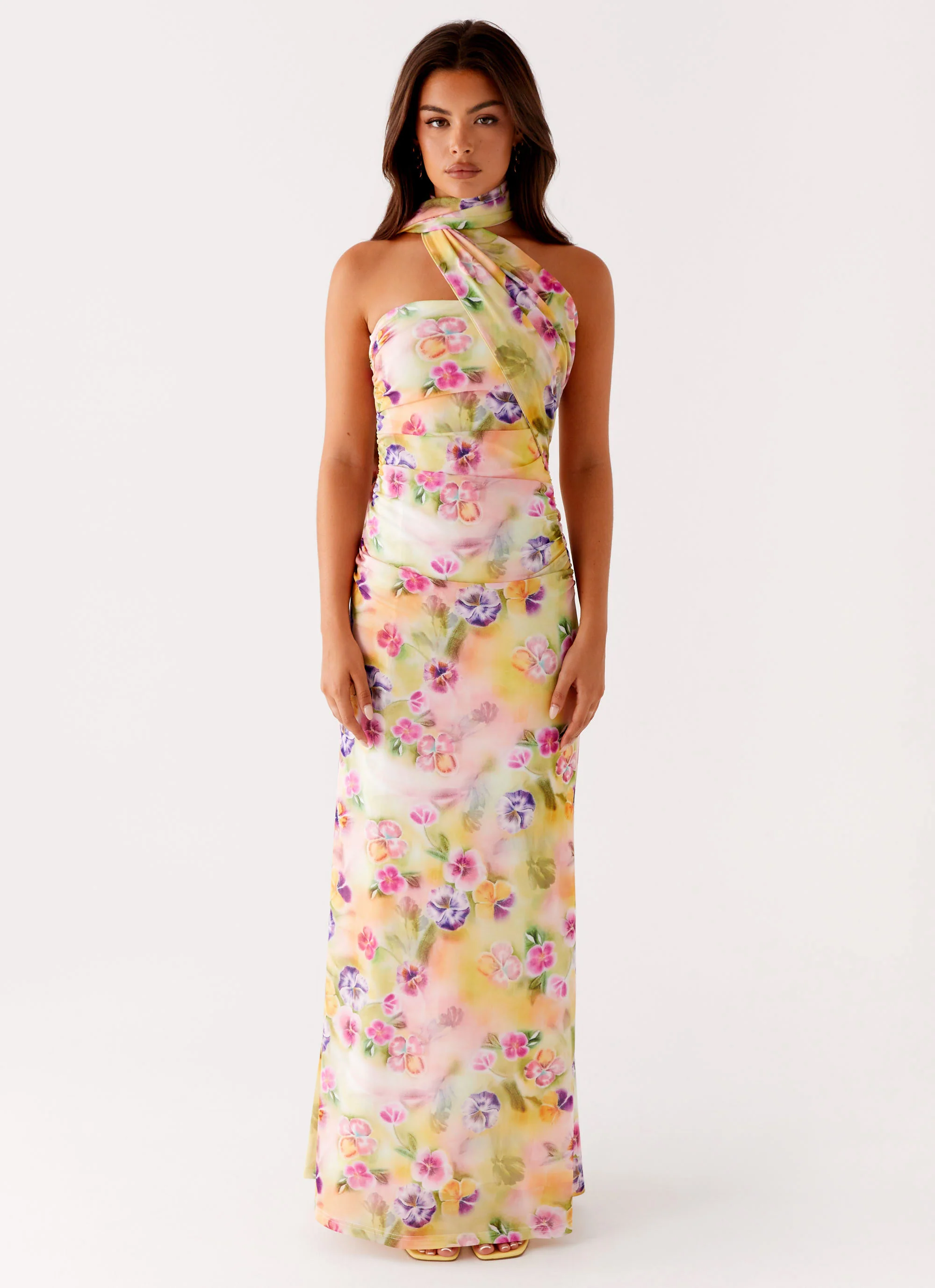 Dreamy Pansy Floral Print Sheath Strapless Asymmetrical Neck Floor Length Prom Dress