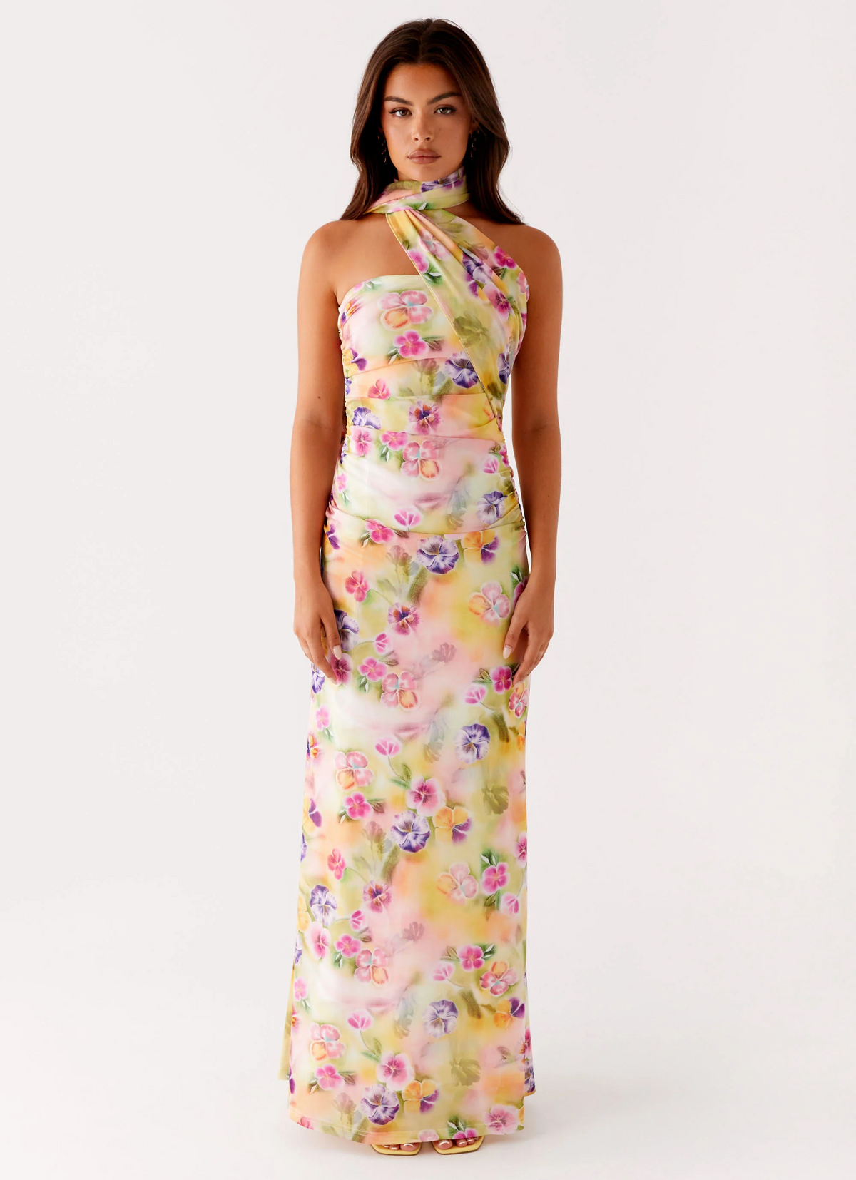 Yellow Chiffon Halter neckline Sheath/column Floor-Length Evening Dress