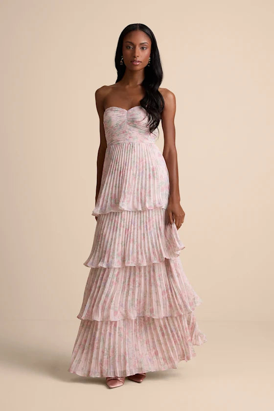 Dreamy Pastel Floral Print A-Line Silhouette Strapless Sweetheart Neck Sleeveless Tiered Pleated Maxi Prom Dress