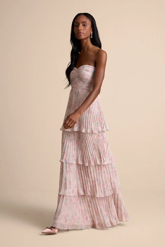 Dreamy Pastel Floral Print A-Line Silhouette Strapless Sweetheart Neck Sleeveless Tiered Pleated Maxi Prom Dress