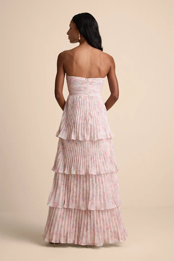 Dreamy Pastel Floral Print A-Line Silhouette Strapless Sweetheart Neck Sleeveless Tiered Pleated Maxi Prom Dress