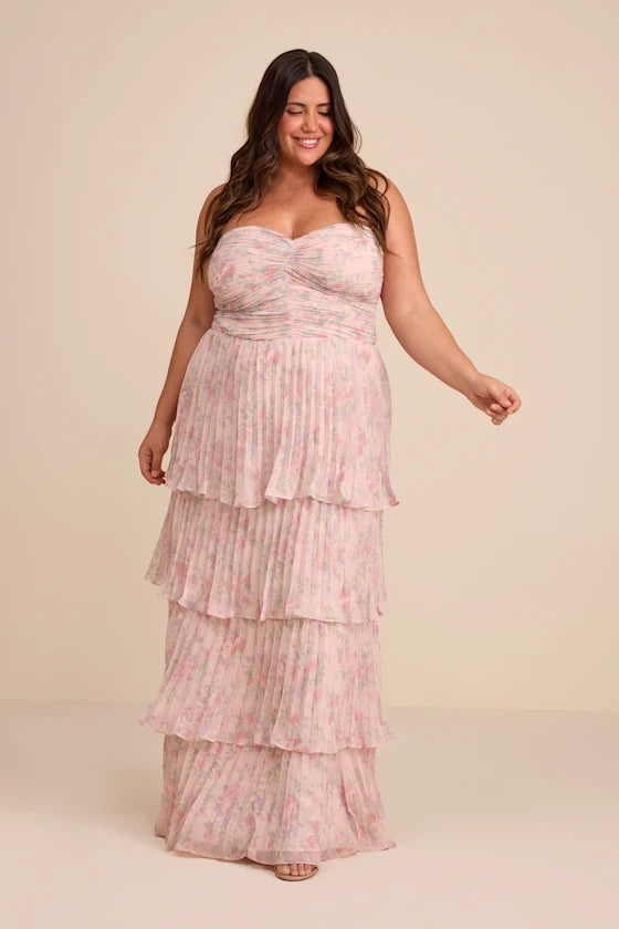 Dreamy Pastel Floral Print A-Line Silhouette Strapless Sweetheart Neck Sleeveless Tiered Pleated Maxi Prom Dress