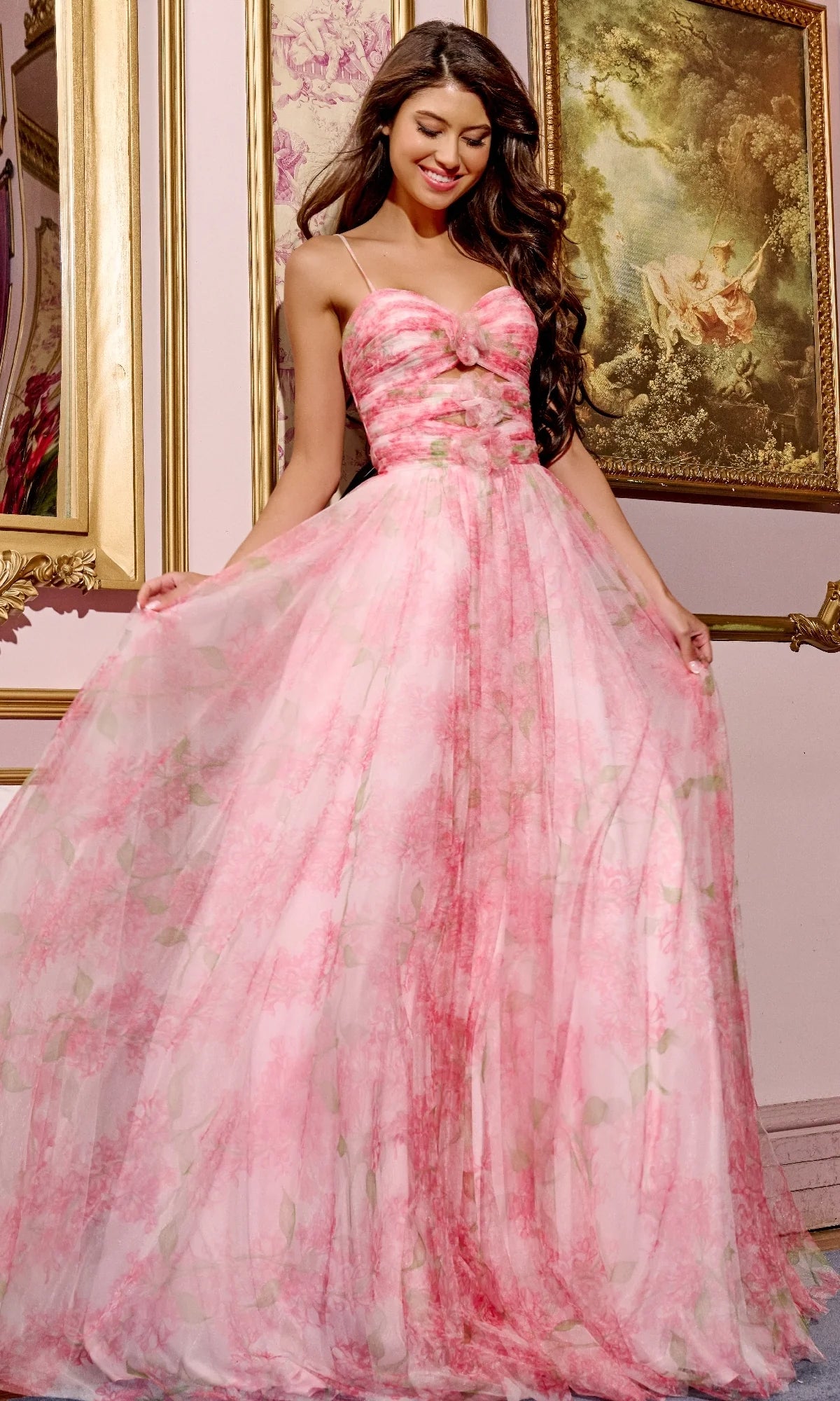 Dreamy Pink Floral Print Tulle A-Line Sweetheart Neck Spaghetti Strap Cutout Maxi Prom Dresses