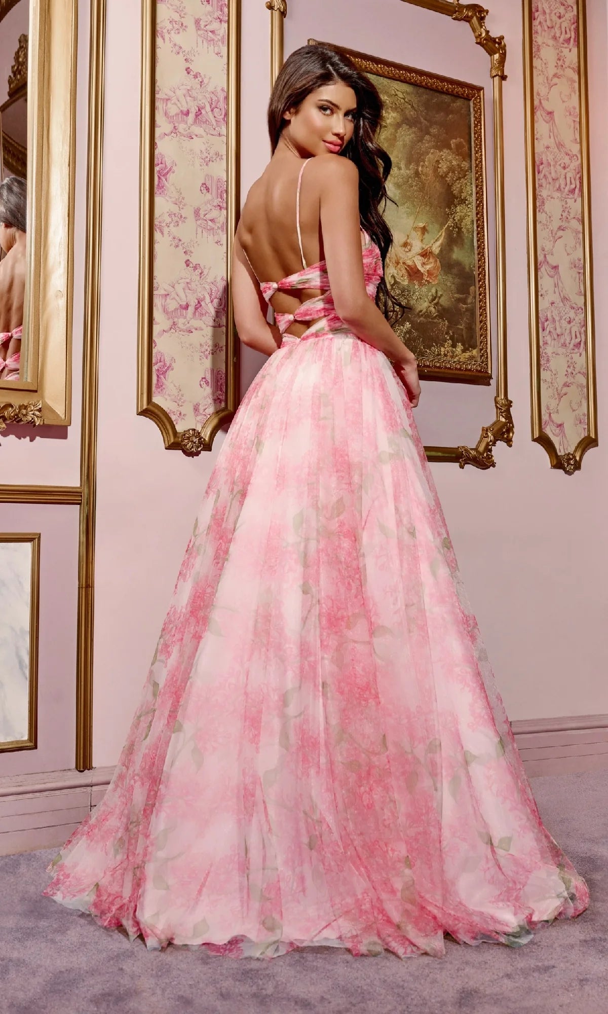 Dreamy Pink Floral Print Tulle A-Line Sweetheart Neck Spaghetti Strap Cutout Maxi Prom Dresses