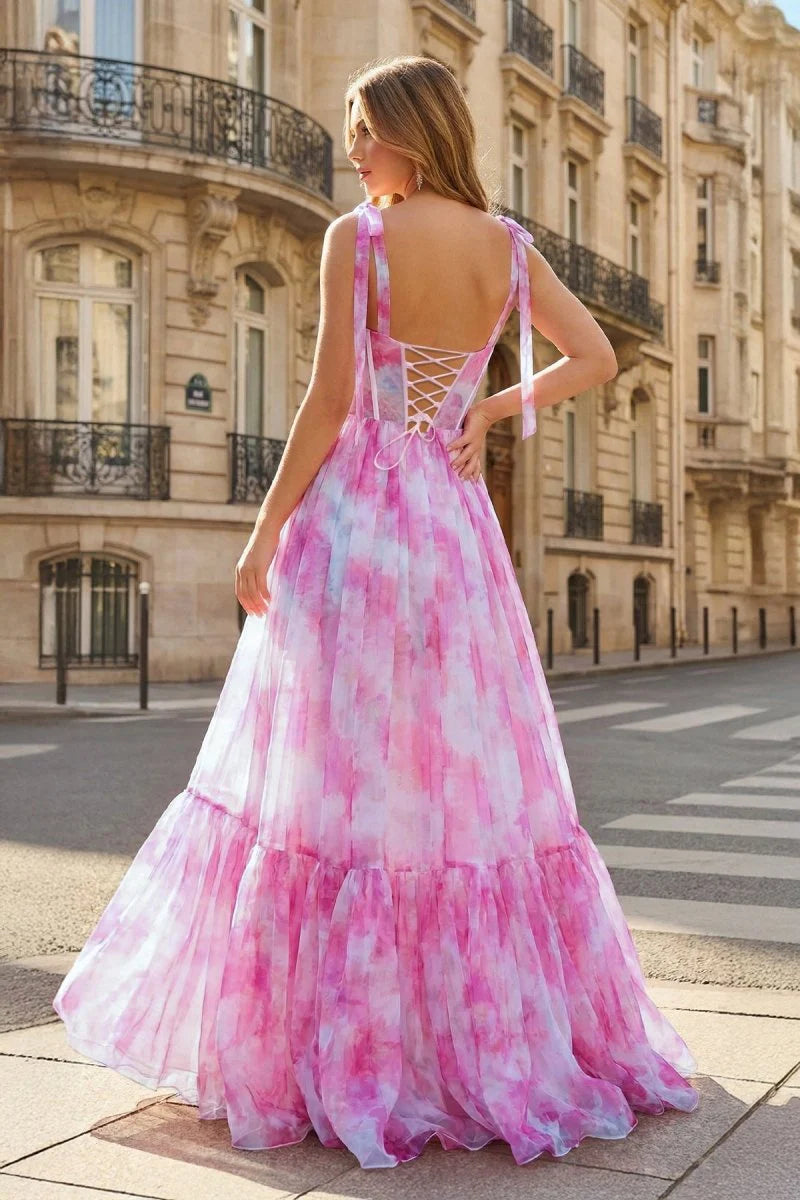 Dreamy Romantic Fitted A-Line Tie Strap Sleeveless Back Lace-Up Floor-Length Ruffled Tiered Tie-Dye Print Prom Dresses