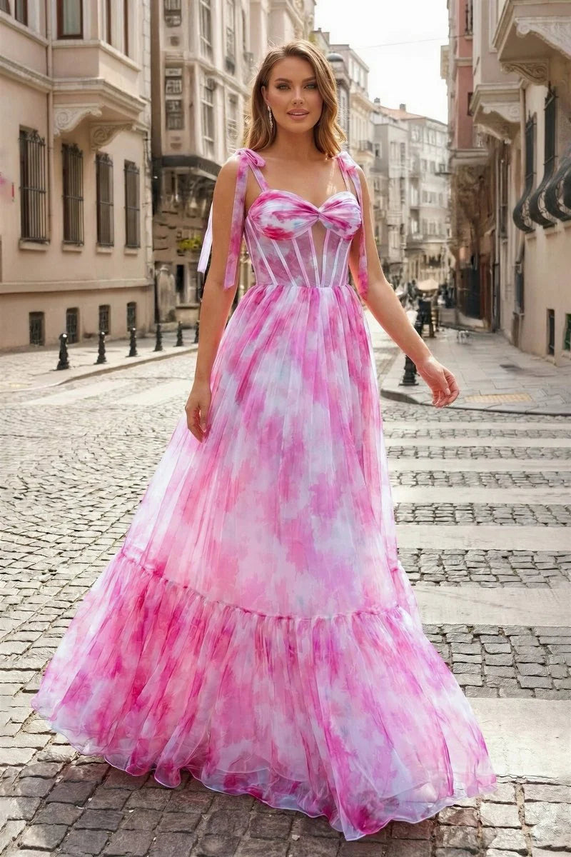 Dreamy Romantic Fitted A-Line Tie Strap Sleeveless Back Lace-Up Floor-Length Ruffled Tiered Tie-Dye Print Prom Dresses