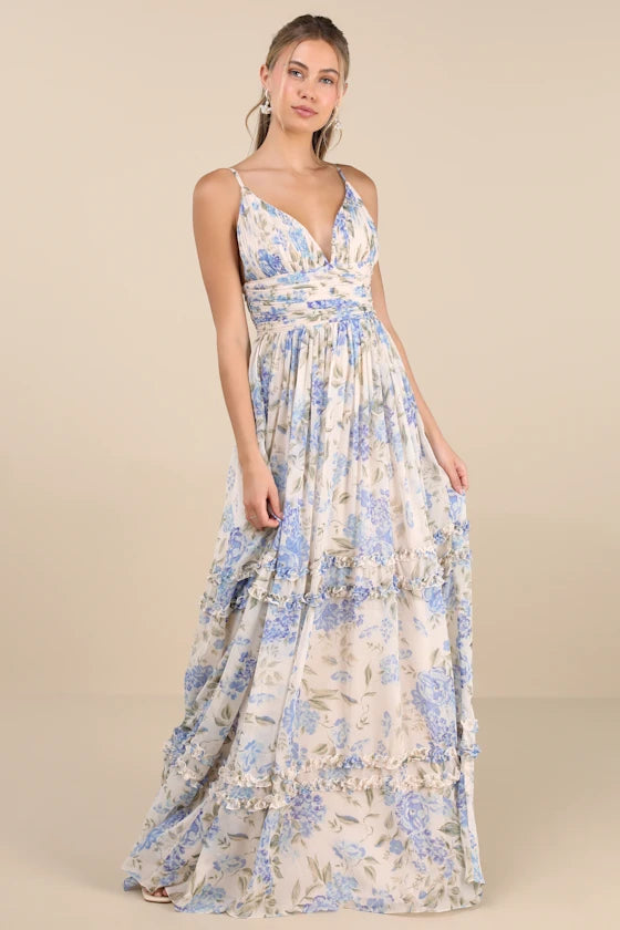 Dreamy Romantic Fitted A-Line V-Neck Spaghetti Strap Back Zip Floor-Length Prom Dresses