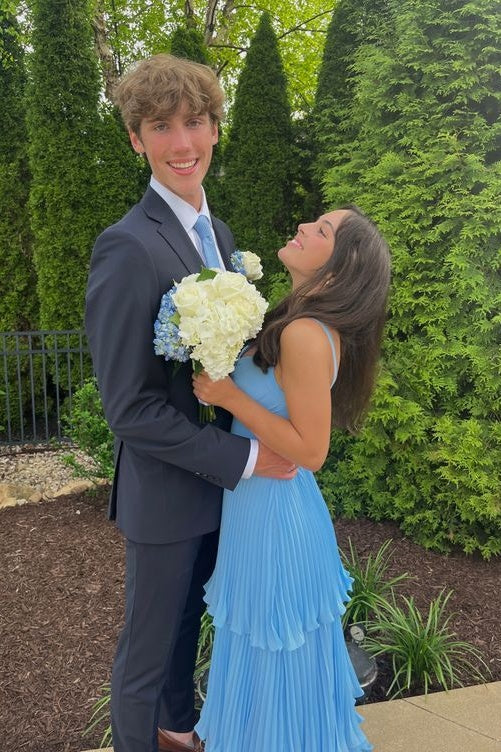 Dreamy Sky Blue Chiffon Prom Dress with Sweetheart Neck, Tiered Ruffles and Open Back