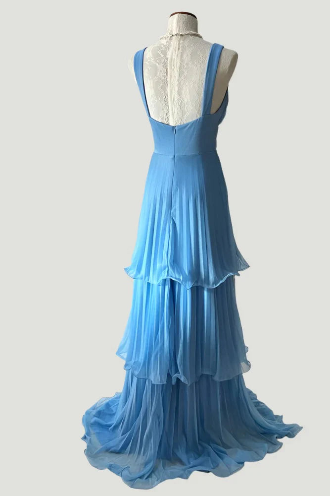 Dreamy Sky Blue Chiffon Prom Dress with Sweetheart Neck, Tiered Ruffles and Open Back