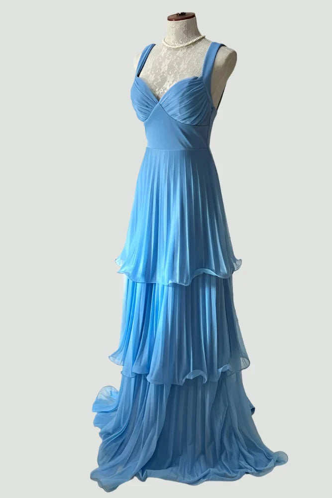 Dreamy Sky Blue Chiffon Prom Dress with Sweetheart Neck, Tiered Ruffles and Open Back