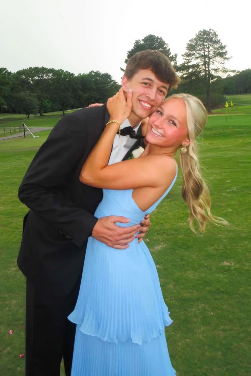 Dreamy Sky Blue Chiffon Prom Dress with Sweetheart Neck, Tiered Ruffles and Open Back