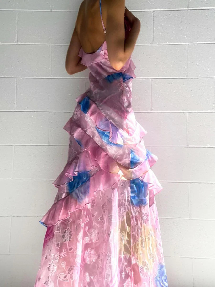 Dreamy Whimsical Fitted Mermaid Spaghetti Strap Sleeveless Backless Floor-Length Cascading Ruffled Watercolor Floral Print Prom Dresses
