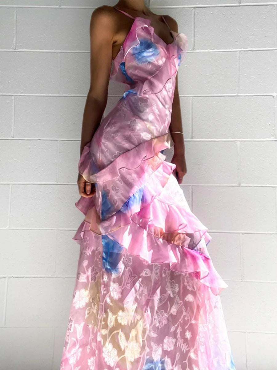 Dreamy Whimsical Fitted Mermaid Spaghetti Strap Sleeveless Backless Floor-Length Cascading Ruffled Watercolor Floral Print Prom Dresses