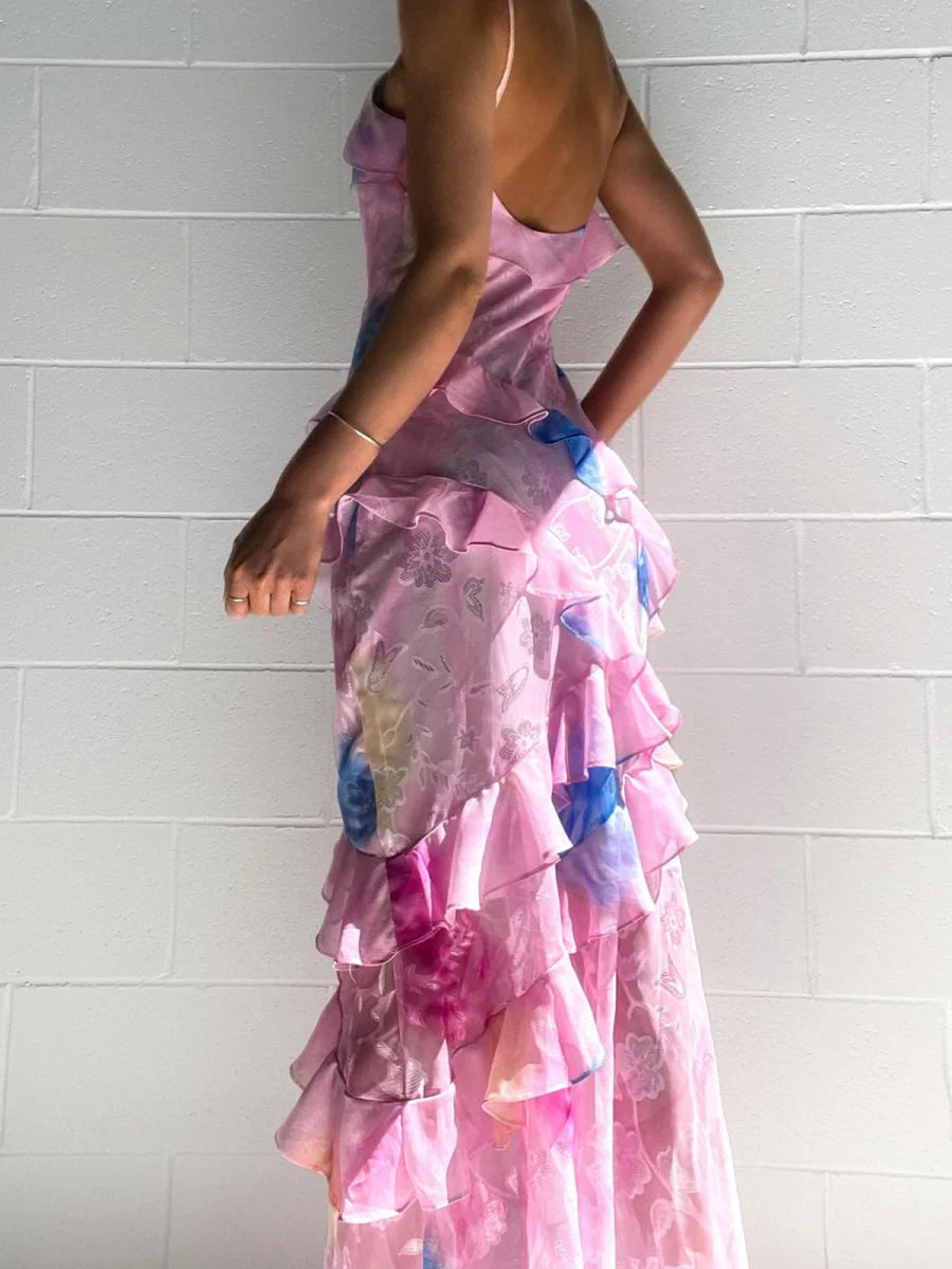 Dreamy Whimsical Fitted Mermaid Spaghetti Strap Sleeveless Backless Floor-Length Cascading Ruffled Watercolor Floral Print Prom Dresses