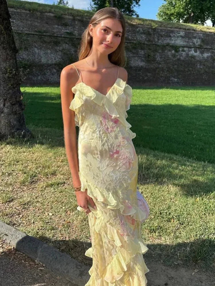 Dreamy Whimsical Fitted Mermaid Spaghetti Strap Sleeveless Backless Floor-Length Cascading Ruffled Watercolor Floral Print Prom Dresses