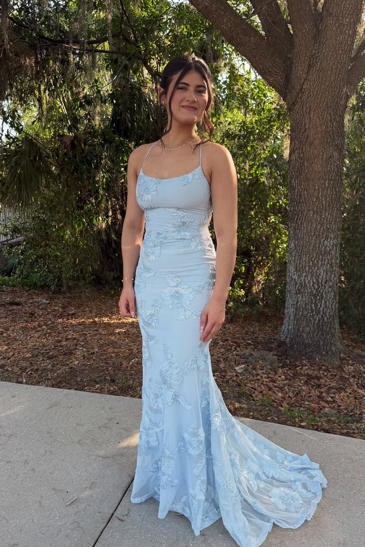Dreamy tulle mermaid spaghetti strap scoop neck open back floor length prom dress with 3D floral applique and crisscross lace up back