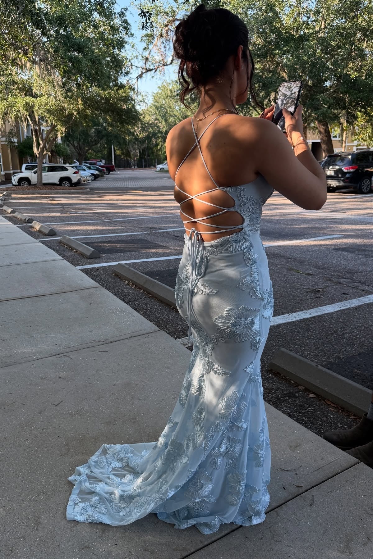 Dreamy tulle mermaid spaghetti strap scoop neck open back floor length prom dress with 3D floral applique and crisscross lace up back