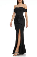 Black Crepe Off-the-Shoulder Floor-Length Dress with High Slit