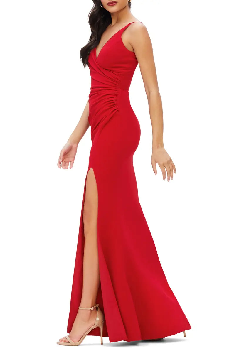 Minimalist V-neck sleeveless off shoulder side slit long backless evening dress