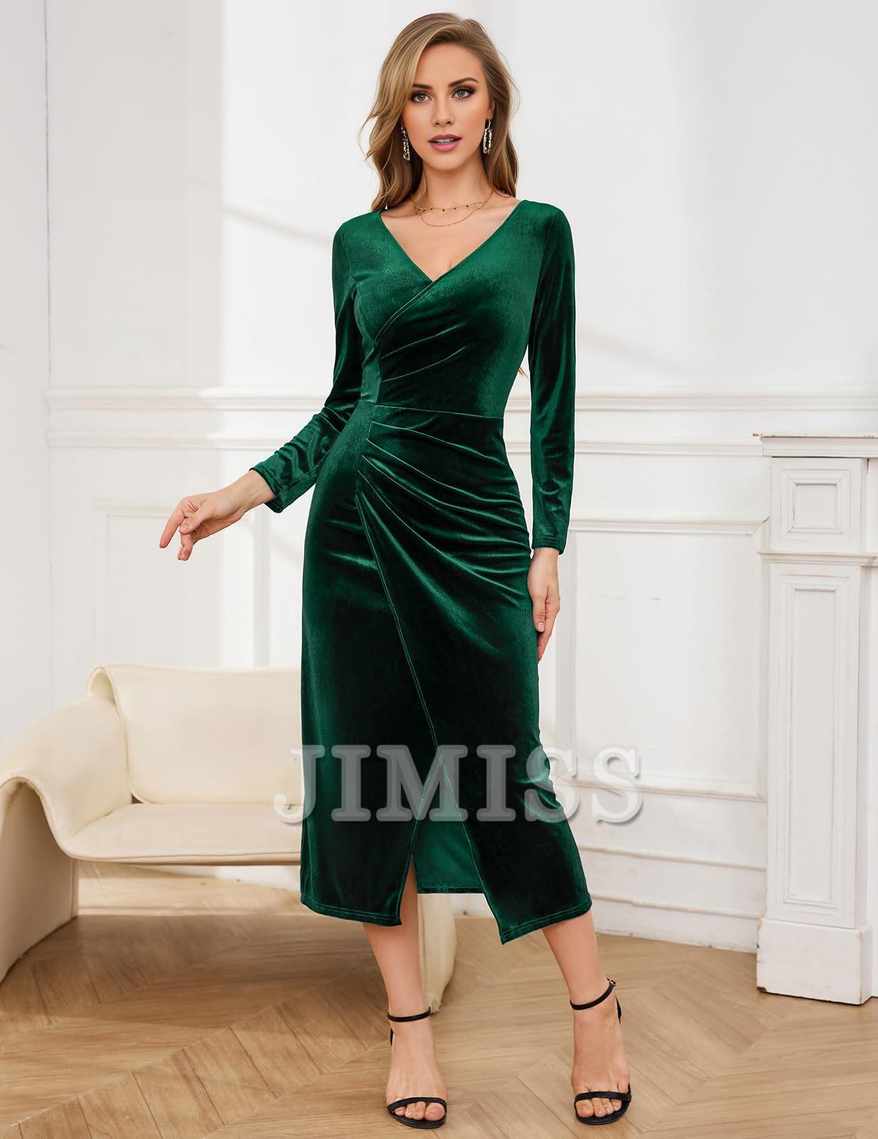 Abito in velluto da donna, a maniche lunghe, slim fit, extra lungo, avvolgente, abito da cocktail, abito da festa, abito da ospite per matrimoni invernali