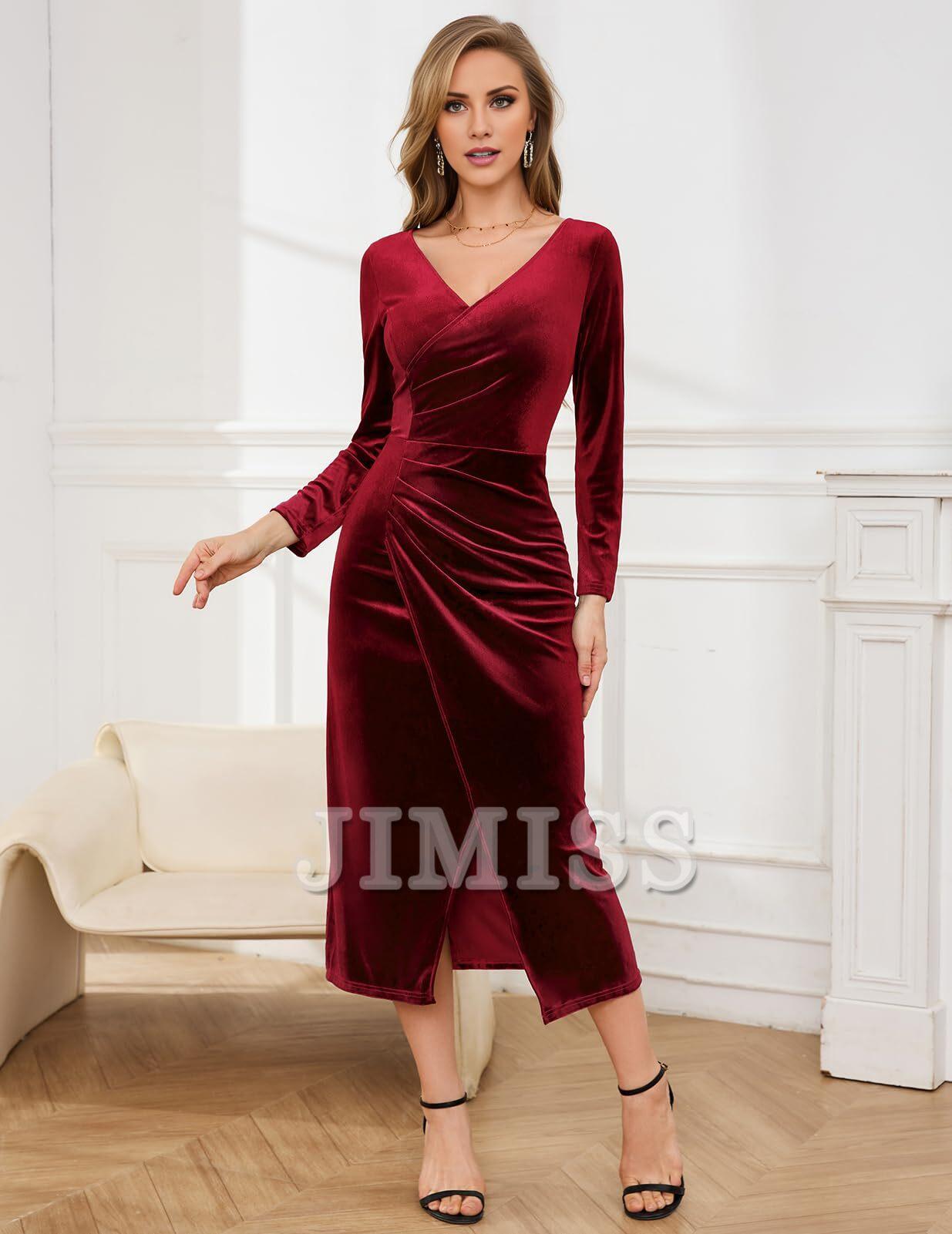 Abito in velluto da donna, a maniche lunghe, slim fit, extra lungo, avvolgente, abito da cocktail, abito da festa, abito da ospite per matrimoni invernali