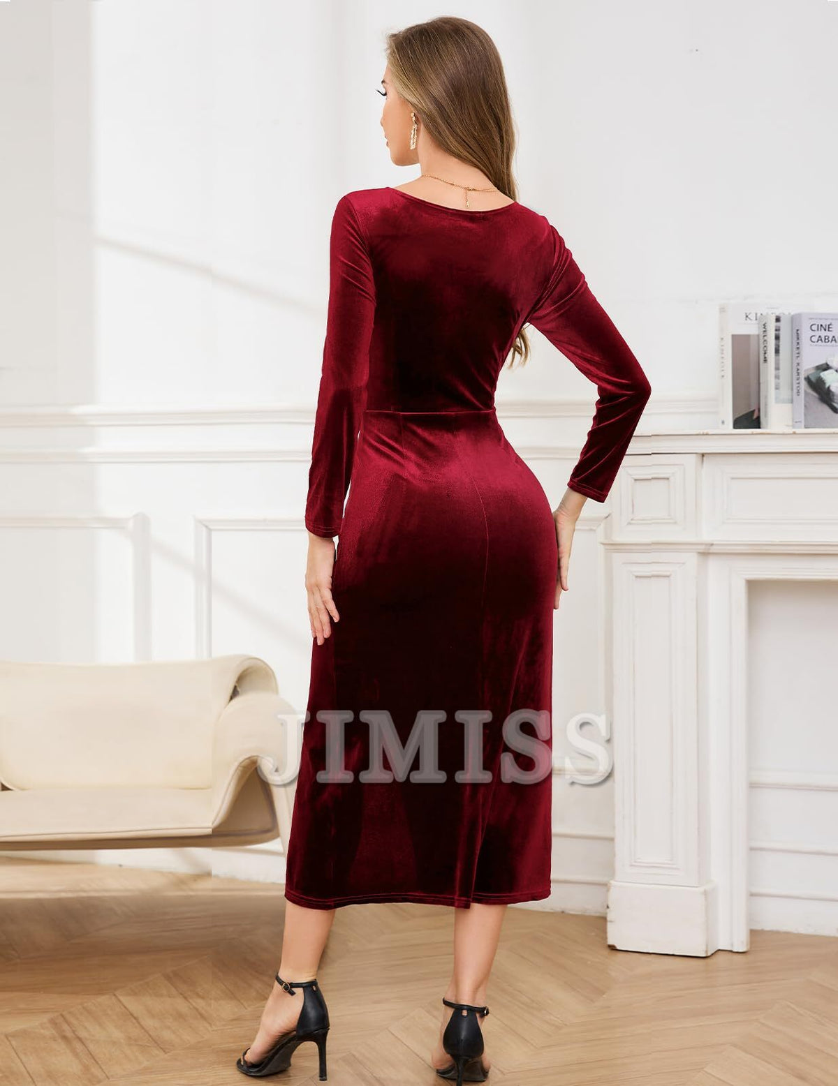Elegant Black Velvet V-Neck Sheath/Column Midi Dress with Draped Wrap Skirt and High Slit
