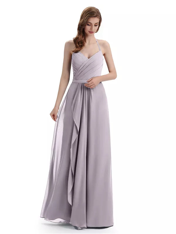 Encantadores vestidos de dama de honor con escote en V, hombros descubiertos, sin mangas y hasta el suelo
