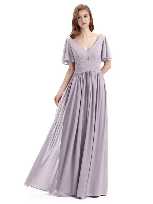 Vestidos de dama de honor elegantes de gasa con escote en V, mangas cortas y largo hasta el suelo