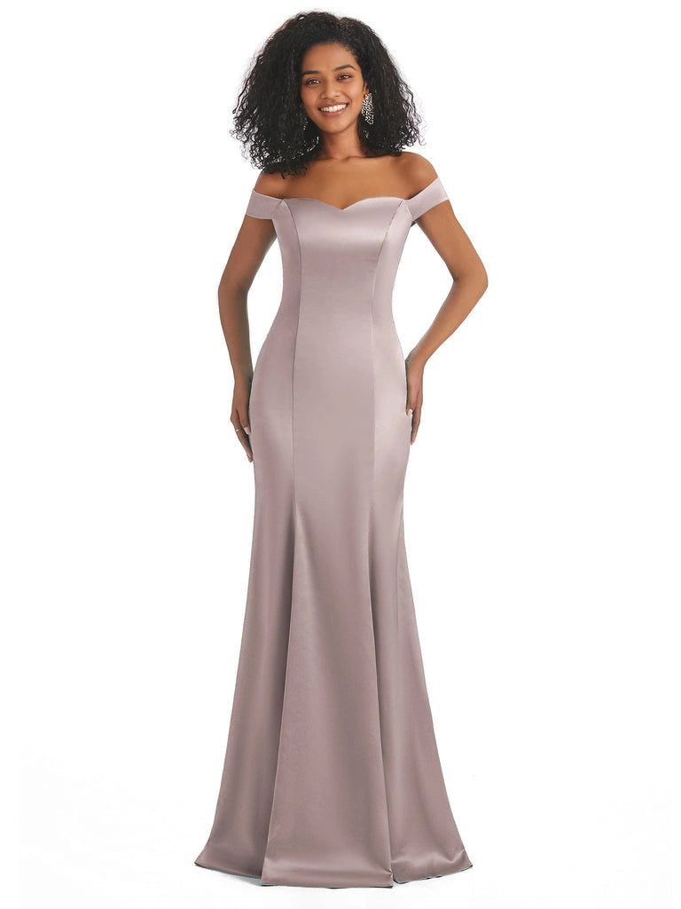 Vestidos de dama de honor largos, sencillos, de satén suave, sin mangas y con hombros descubiertos, de corte sirena