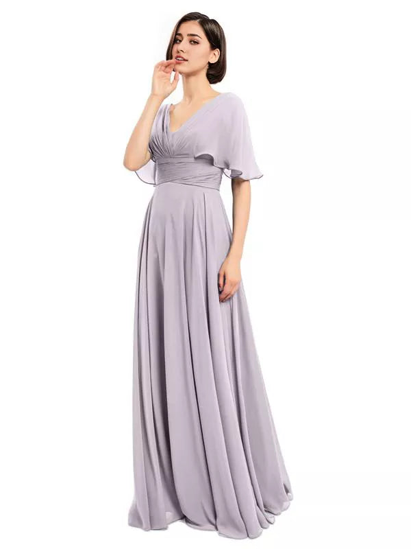 Elegantes vestidos largos de dama de honor de gasa con escote en V y mangas cortas