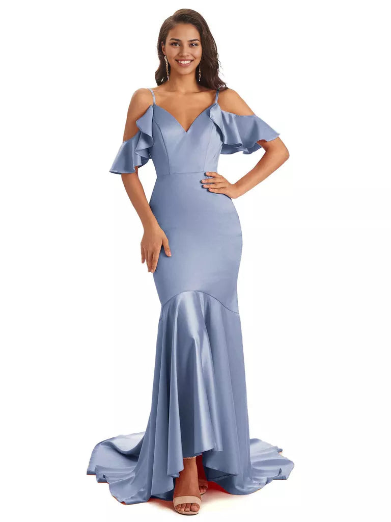 Soft Satin Asymmetric Spaghetti Straps Sleeveless Mermaid Cold Shoulder Bridesmaid Dresses