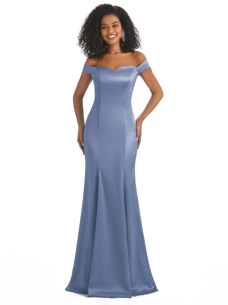 Vestidos de dama de honor largos, sencillos, de satén suave, sin mangas y con hombros descubiertos, de corte sirena