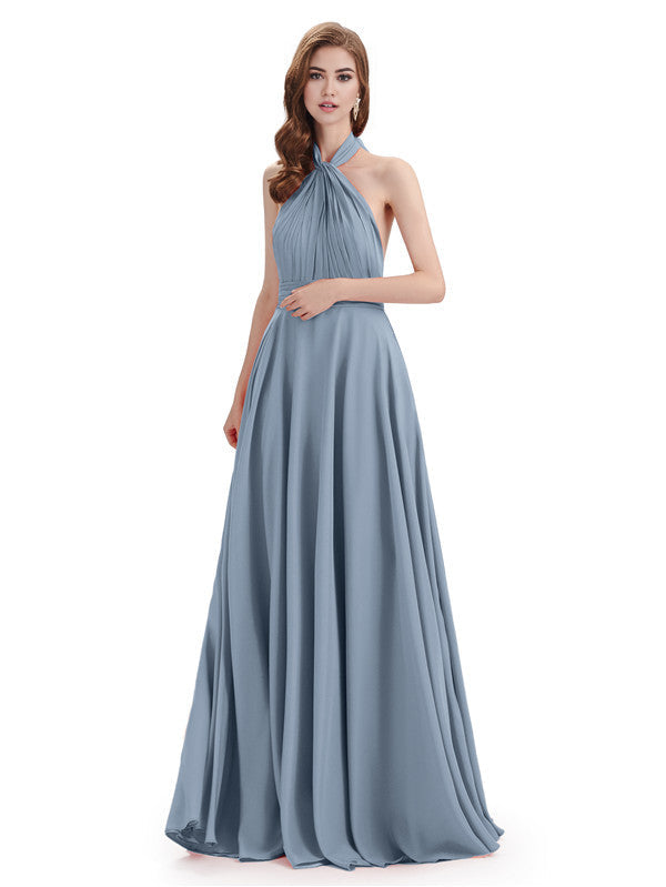 Simple A-Line High Neck Halter Sleeveless Pleats Chiffon Floor Length Bridesmaid Dresses
