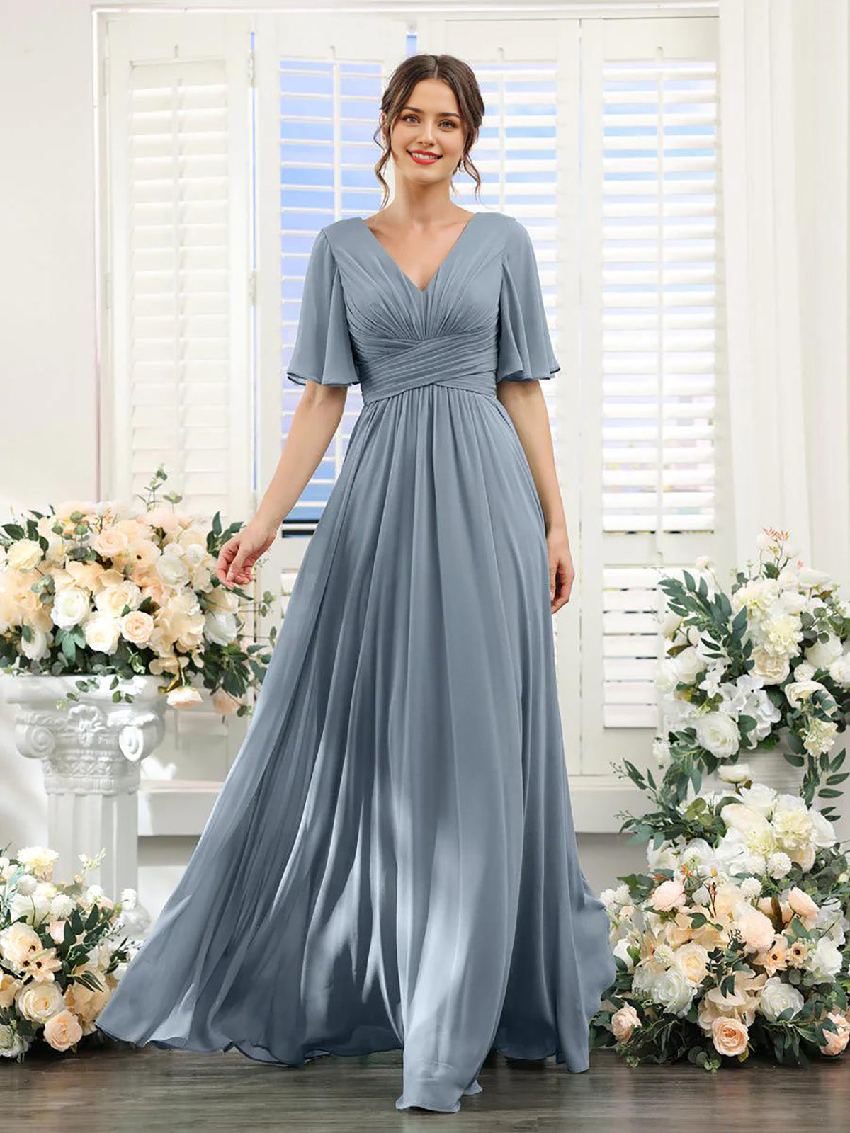 Dusty Sage Ruched Bodice Flutter Sleeves A-Line Floor-Length Bridesmaid Dress