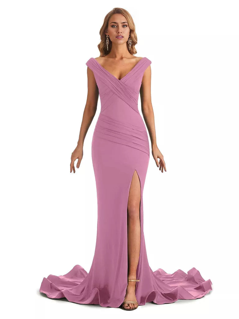 Vestido de dama de honor largo, formal, sin mangas, con escote en V y hombros descubiertos, de estilo sirena y sexy