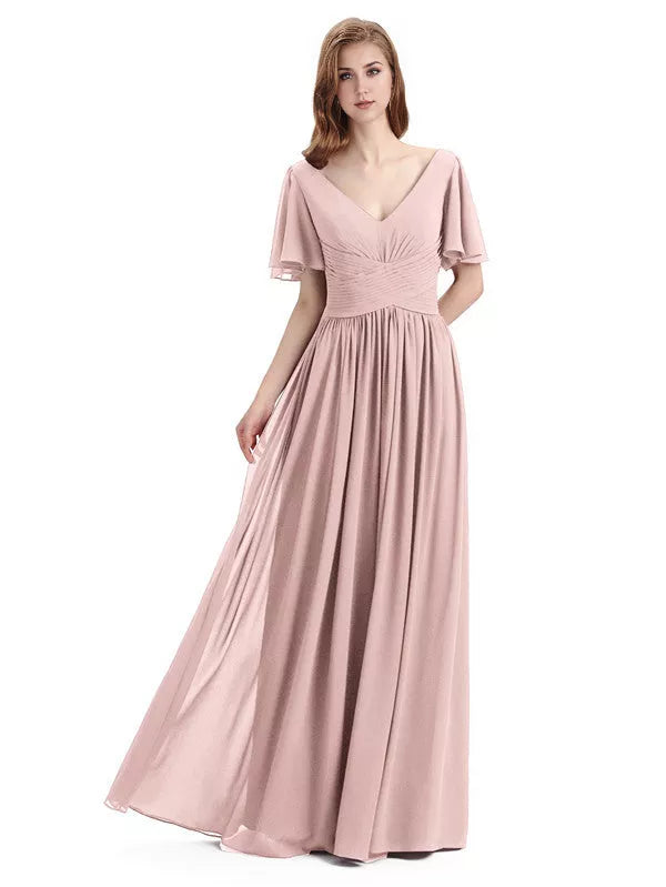 Vestidos de dama de honor elegantes de gasa con escote en V, mangas cortas y largo hasta el suelo