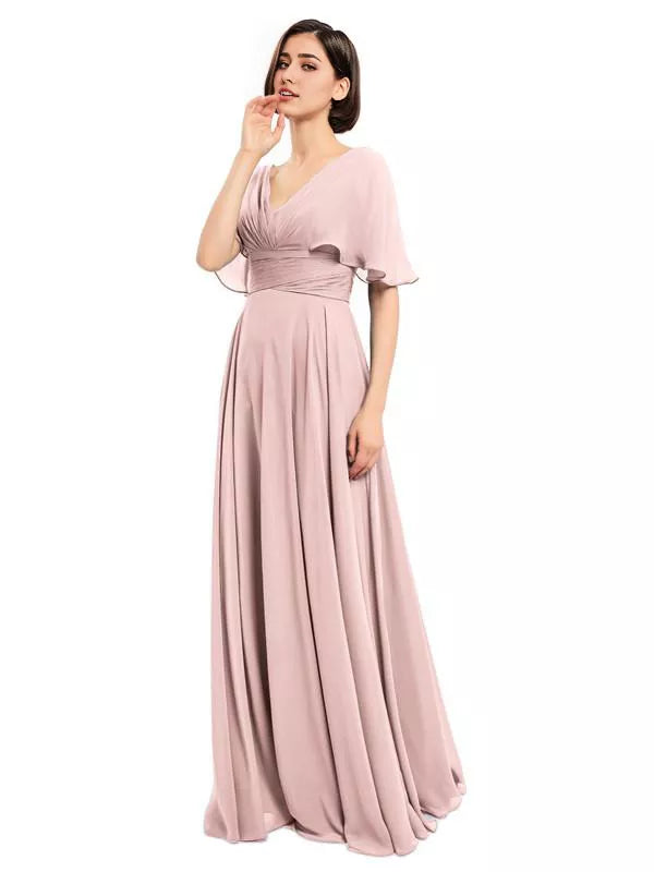 Elegantes vestidos largos de dama de honor de gasa con escote en V y mangas cortas