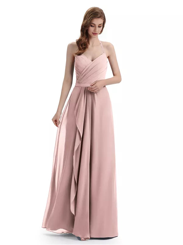 Encantadores vestidos de dama de honor con escote en V, hombros descubiertos, sin mangas y hasta el suelo