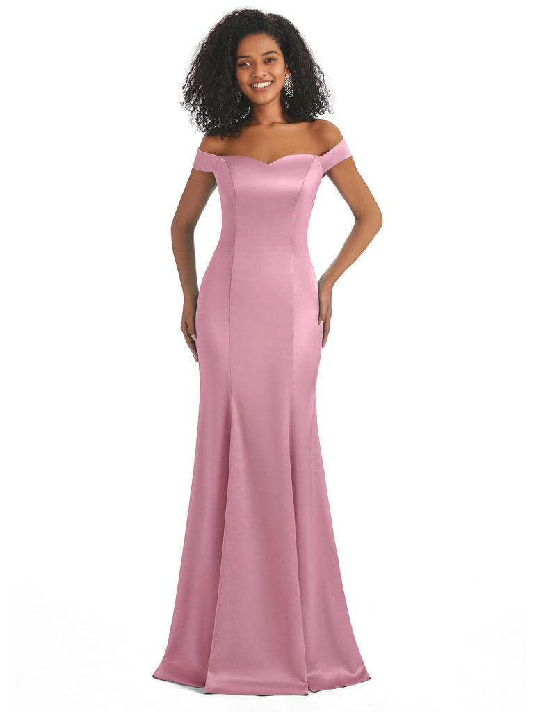 Vestidos de dama de honor largos, sencillos, de satén suave, sin mangas y con hombros descubiertos, de corte sirena