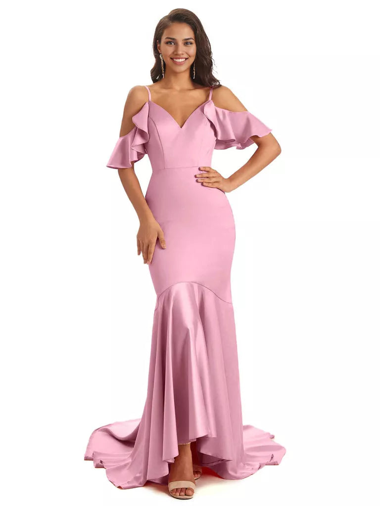 Soft Satin Asymmetric Spaghetti Straps Sleeveless Mermaid Cold Shoulder Bridesmaid Dresses