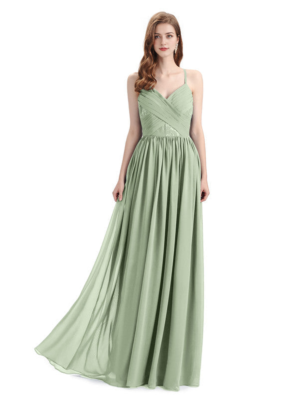 Elegantes vestidos de dama de honor de gasa con tirantes finos, corte A, escote en V y largo hasta el suelo