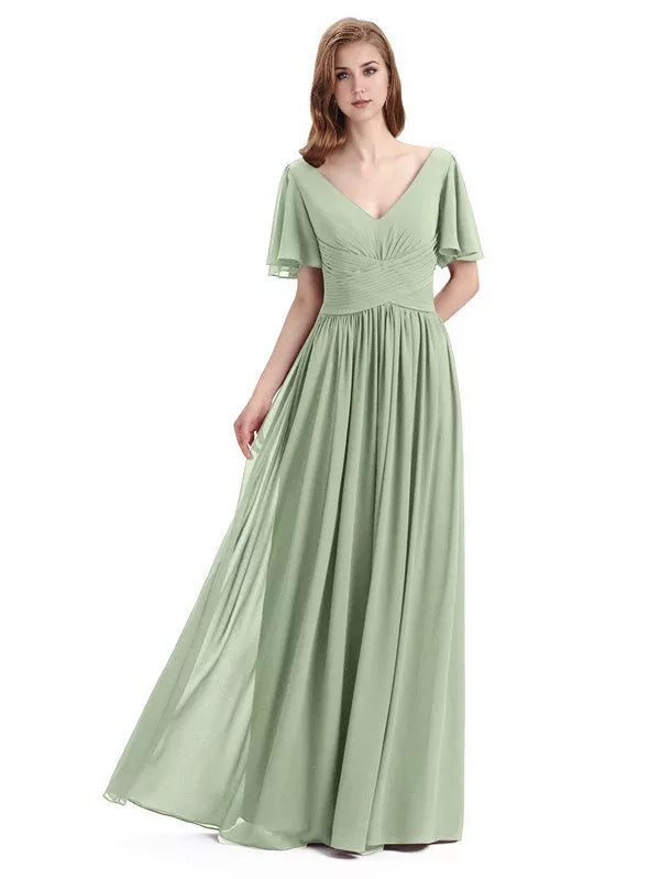 Vestidos de dama de honor elegantes de gasa con escote en V, mangas cortas y largo hasta el suelo