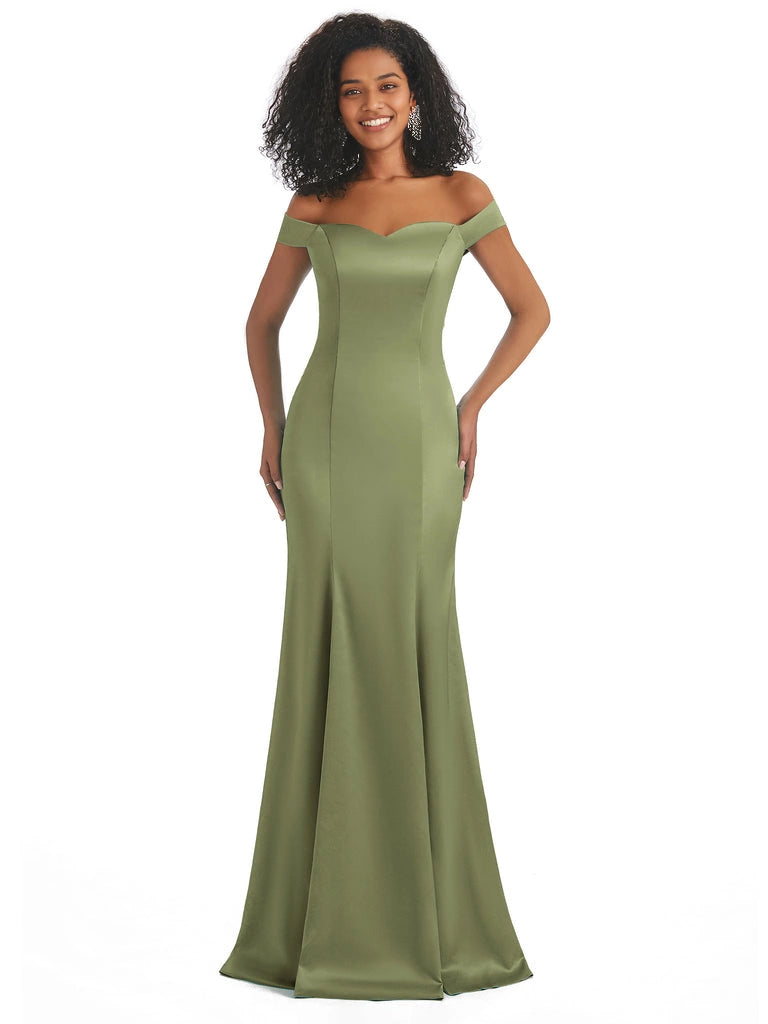 Vestidos de dama de honor largos, sencillos, de satén suave, sin mangas y con hombros descubiertos, de corte sirena