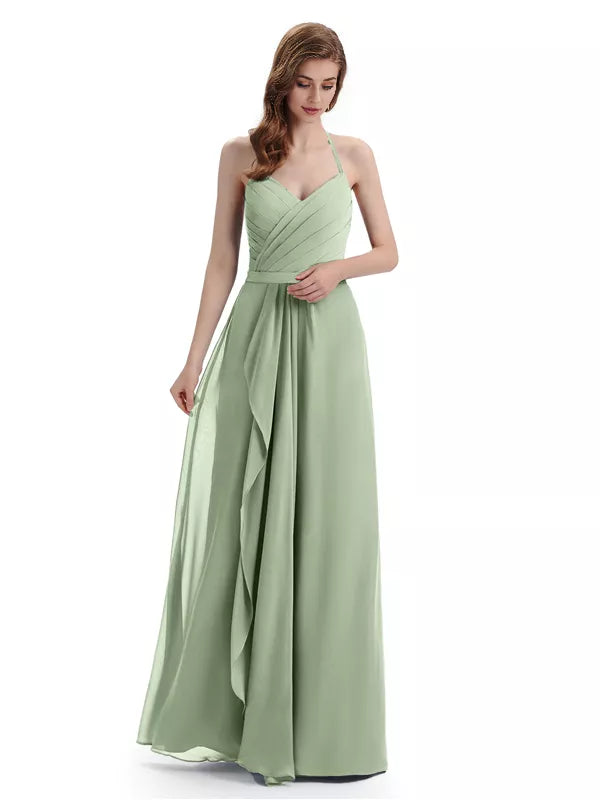 Charming Halter V-neck Off Shoulder Sleeveless Floor Length Bridesmaid Dresses