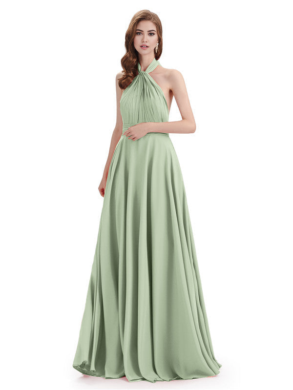 Simple A-Line High Neck Halter Sleeveless Pleats Chiffon Floor Length Bridesmaid Dresses