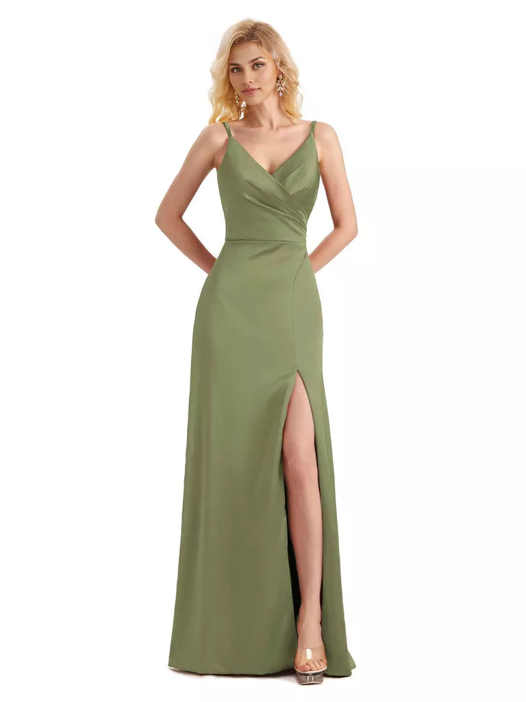 Vestido de dama de honor largo, formal, cruzado, sin mangas, con escote en V y abertura lateral de satén suave y sencillo