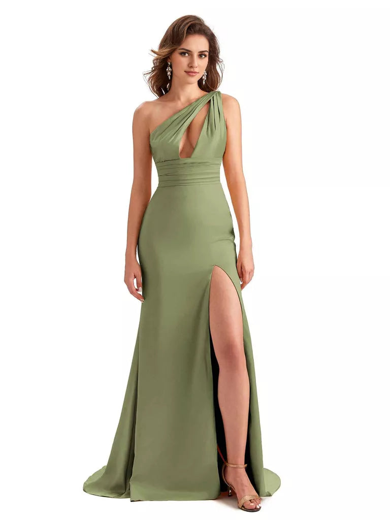Vestido de dama de honor largo, único, sin mangas, de satén sedoso, con abertura lateral y sirena, sexy, de un solo hombro